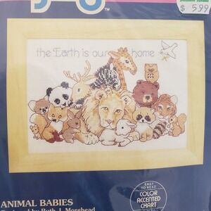 New Sunset Jiffy Counted Cross Stitch Kit "Animal Babies" 7" X 5" Vintage 1991
